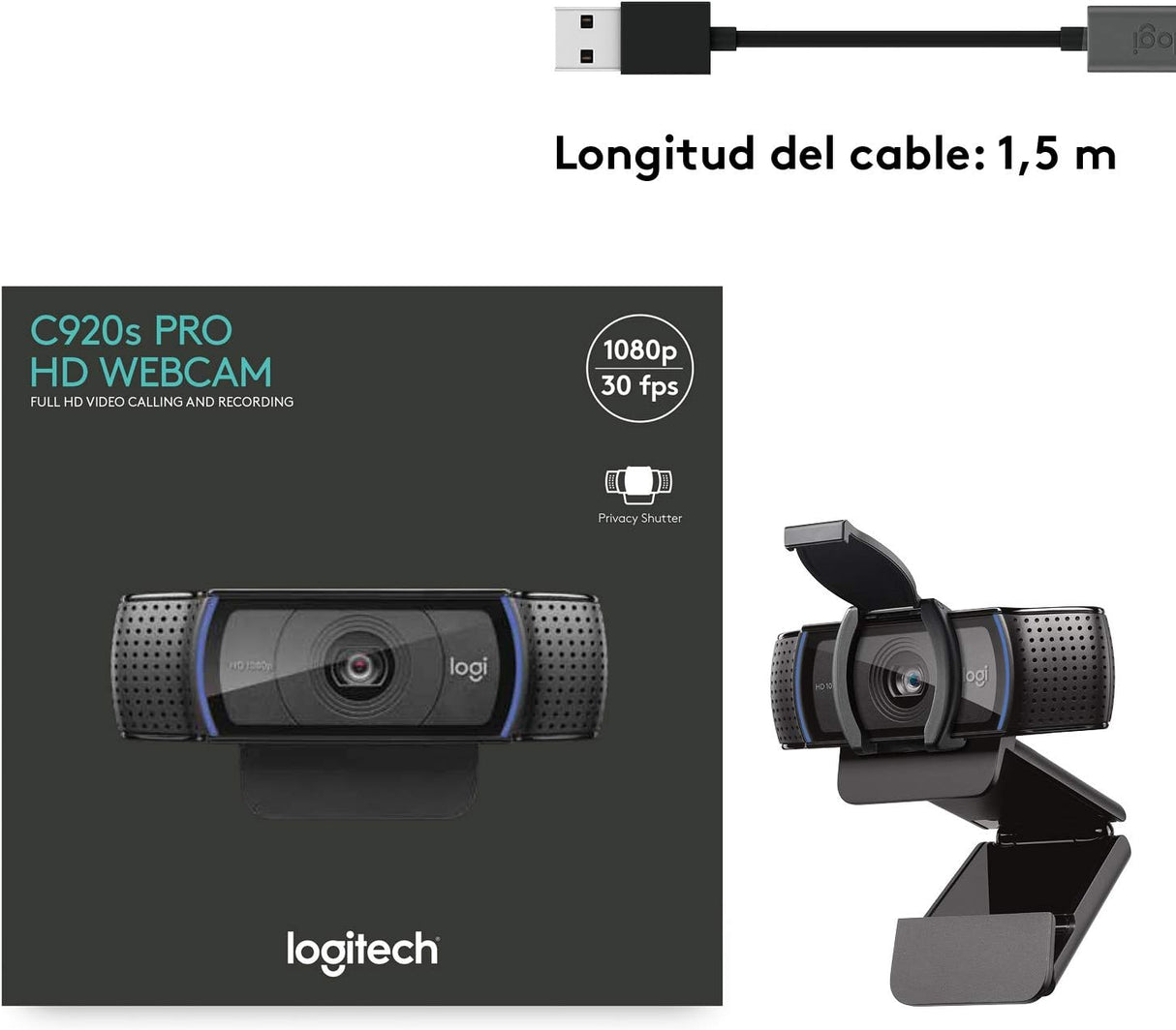 Camara Web Logitech C920S Pro FHD, 1080P con Micrófono y Tapa de Obturador, Negro - 960-001257 FullOffice.com 