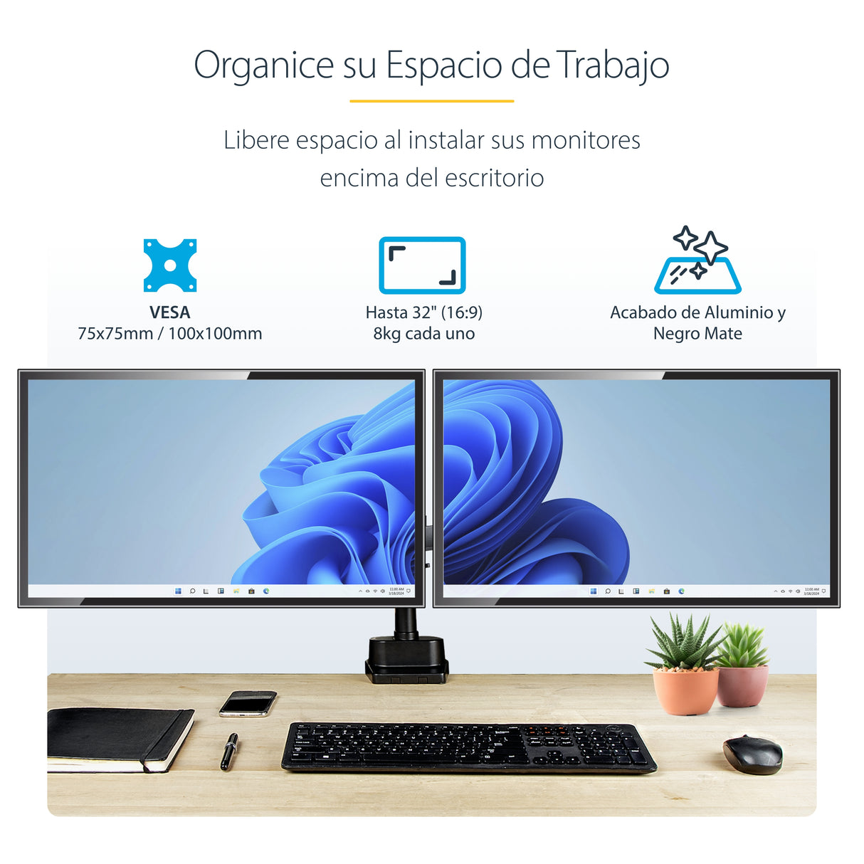 StarTech.com Brazo de Soporte para Dos Monitores - Base Soporte de Movimiento Articulado y Altura Ajustable para 2 Monit