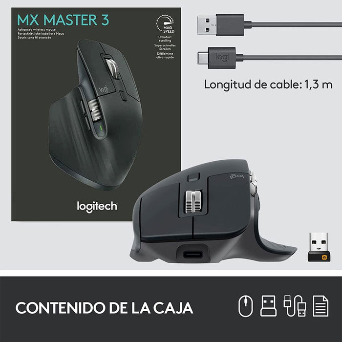 Mouse Ergonómico Logitech MX Master 3, Inalámbrico Avanzado, Grafito - 910-005647