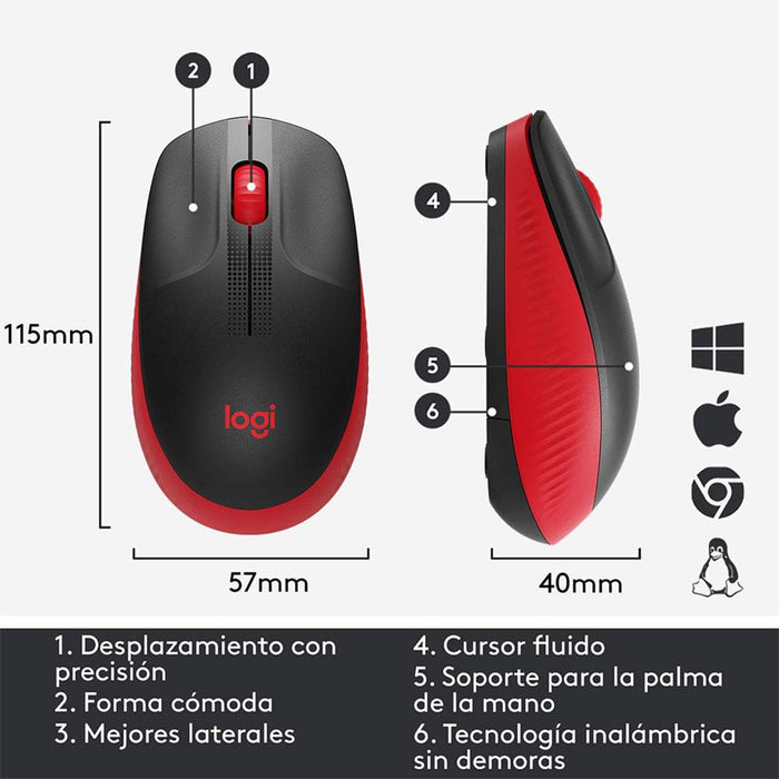 Mouse Óptico Logitech M190 Full Size, Inalámbrico 1000 DPI, USB, Rojo - 910-005904