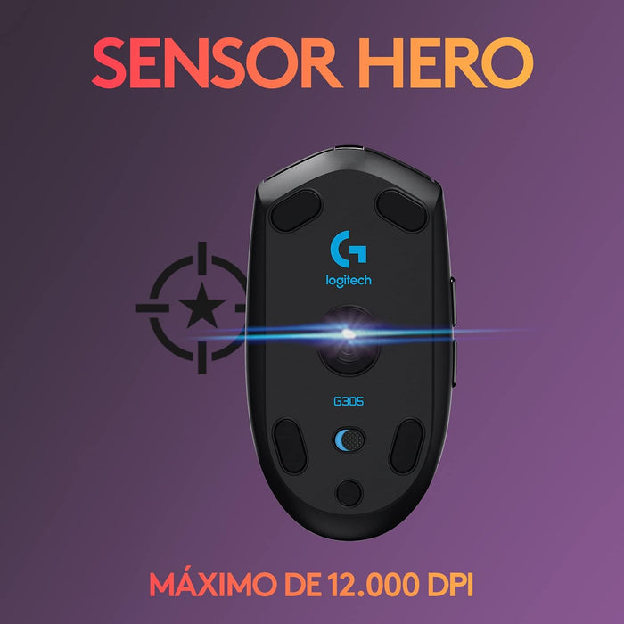 Mouse Lightspeed Gaming Logitech G305 Inalámbrico, Sensor Hero, 6 Botones, Negro - 910-005281