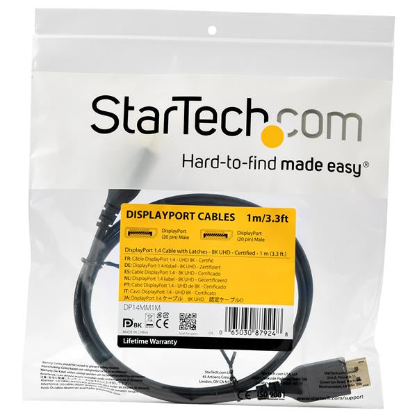 StarTech.com Cable DisplayPort 1.4 de 1m - Certificado VESA - 8K 60Hz - HBR3 - HDR - Super HD - Cable Delgado de Monitor DP a Conector DP - UltraHD 4K 120Hz - Cable Delgado de Vídeo DP 1.4 Cable Derecho Derecho Oro 1.4