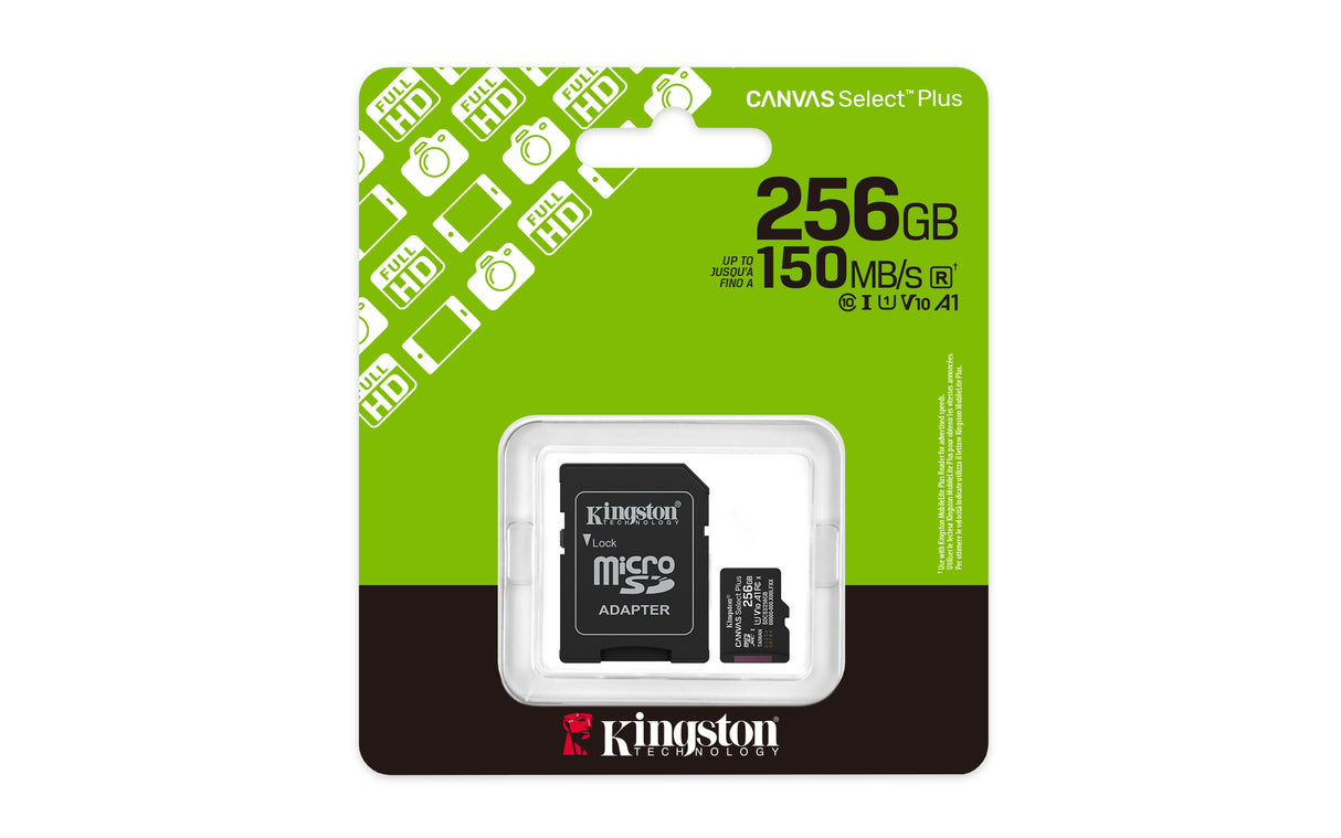 Kingston Technology 256GB microSDXC Canvas Select Plus Gen3 150MB/s A1 (Incluye adaptador de SD) Memoria Flash 256 GB MicroSDXC 150 MB/s UHS-I