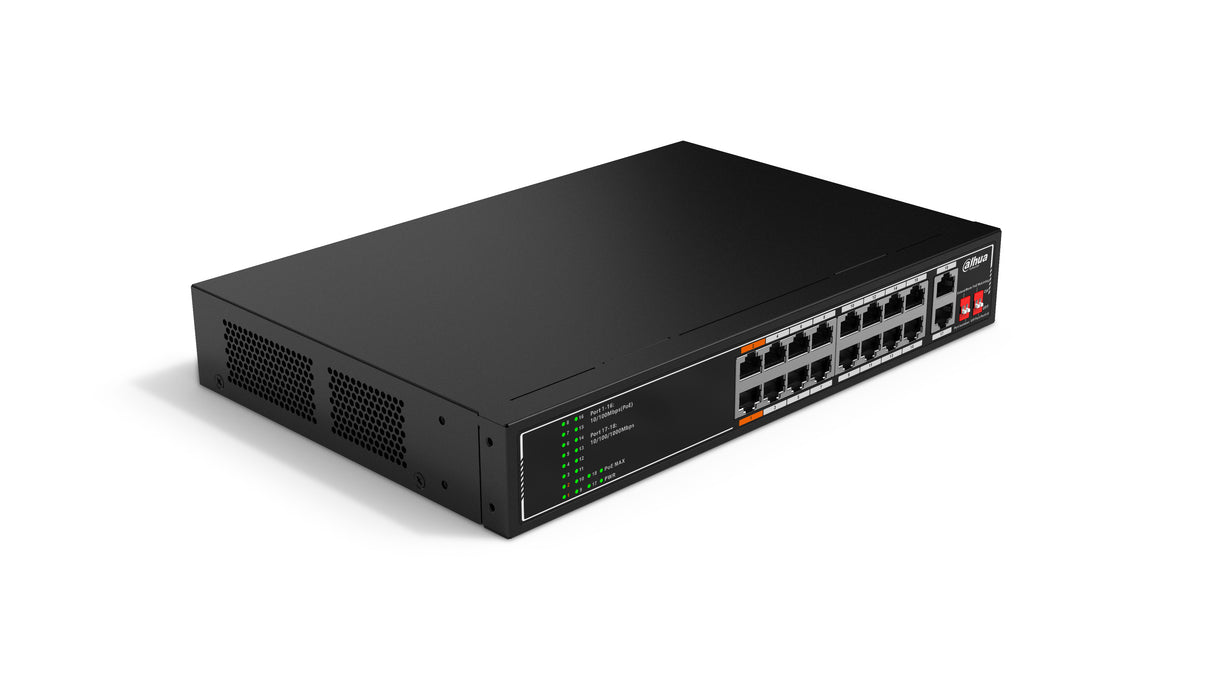 Dahua Technology PoE SF1018LP No administrado L2 Fast Ethernet (10/100) Energía sobre Ethernet (PoE) Negro, Montaje en rack, Montaje de pared