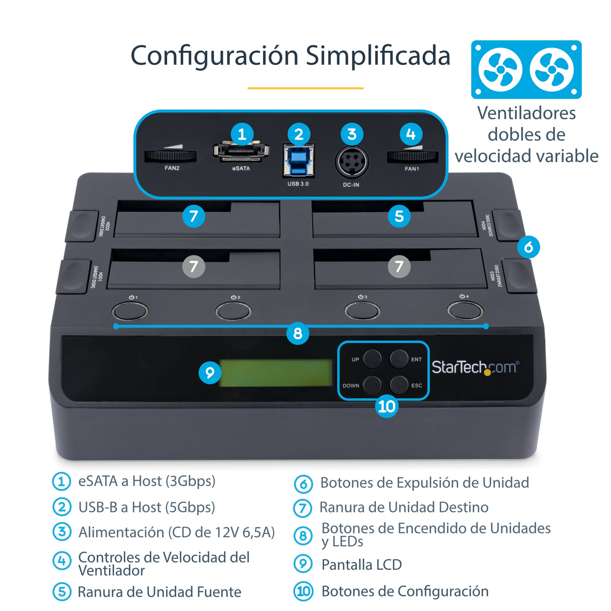 StarTech.com Clonador Borrador Autónomo USB 3.0 / eSATA a SATA de 4 Bahías para Discos Duros y SSDs 1:3 - Docking Statio