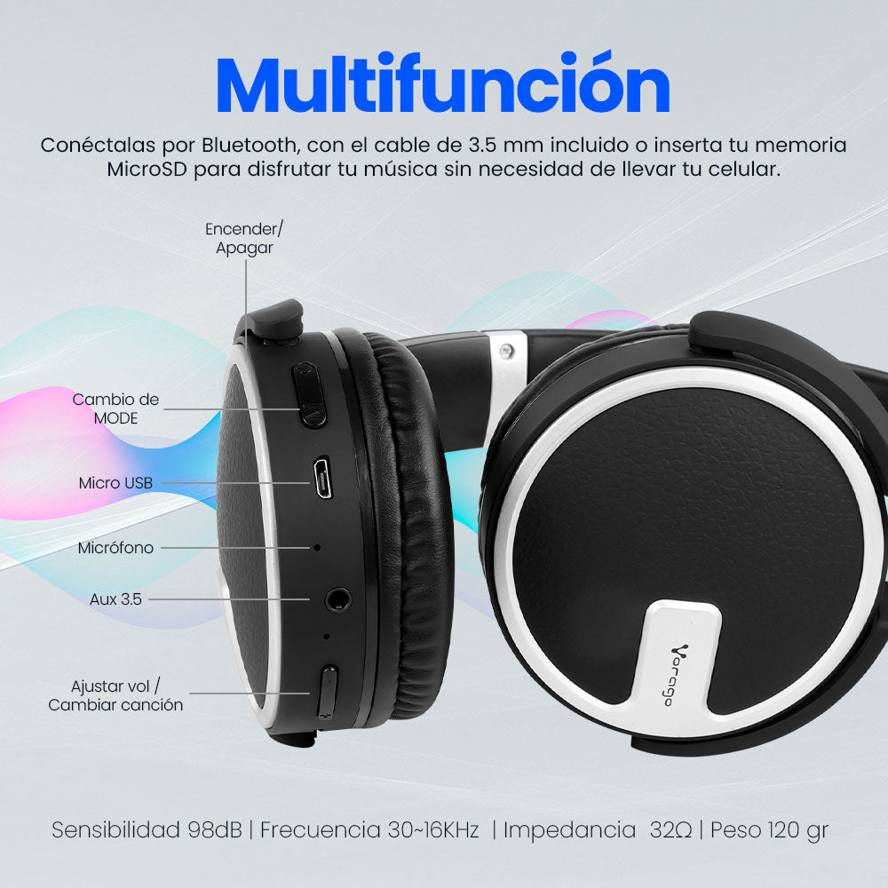 Vorago HPB-201 audífono y auriculare Auriculares Inalámbrico y alámbrico Diadema Llamadas/Música MicroUSB Bluetooth Negr