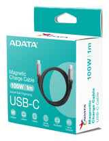 ADATA CABLE TIPO C A TIPO C 1M CUBIERTA DE NYLON, MAGNÉTIZADO 10GBPS 100W TRANNFIERE AUDIO Y VIDEO 4K UHD NEGRO