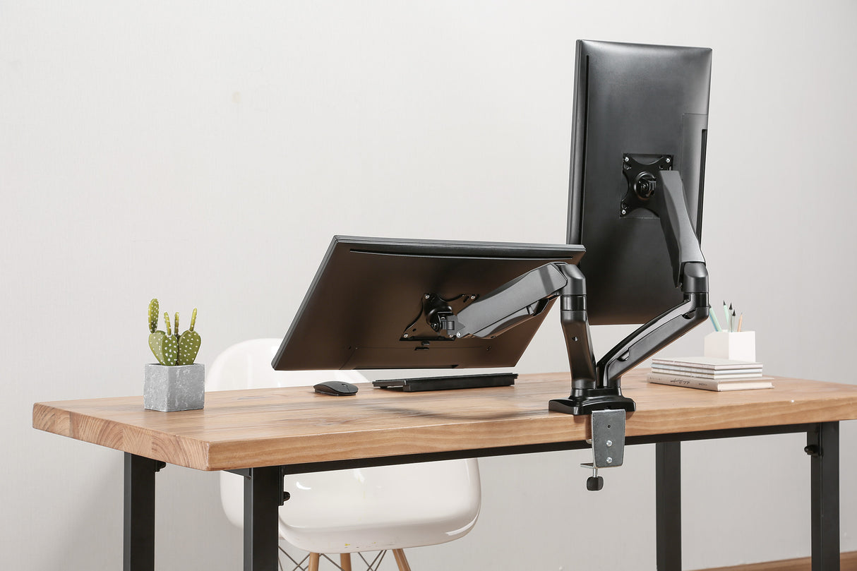Manhattan Soporte doble de sobremesa para TV/monitores (Articulado con muelle), para pantallas de 10" a 27", fijación con abrazadera o por ojal, Compa