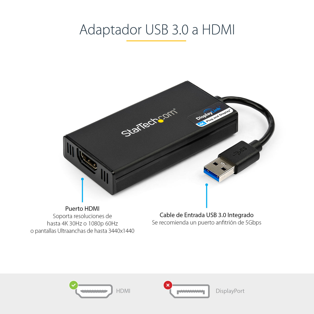 StarTech.com Adaptador Gráfico Externo USB 3.0 a HDMI - UltraHD 4K 30Hz - Certificado DisplayLink - Conversor USB-A a HDMI para Monitor - Tarjeta Gráfica Externa de Vídeo - Mac y Windows adaptadores gráficos usb USB tipo A Macho 3.2 Gen 1 (3.1 Gen 1) Si