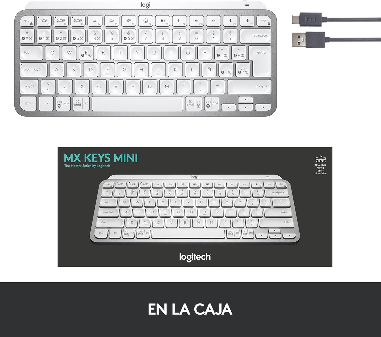 Teclado Estándar Logitech MX Keys, Mini Inalámbrico, Minimalista, Gris Claro - 920-010477