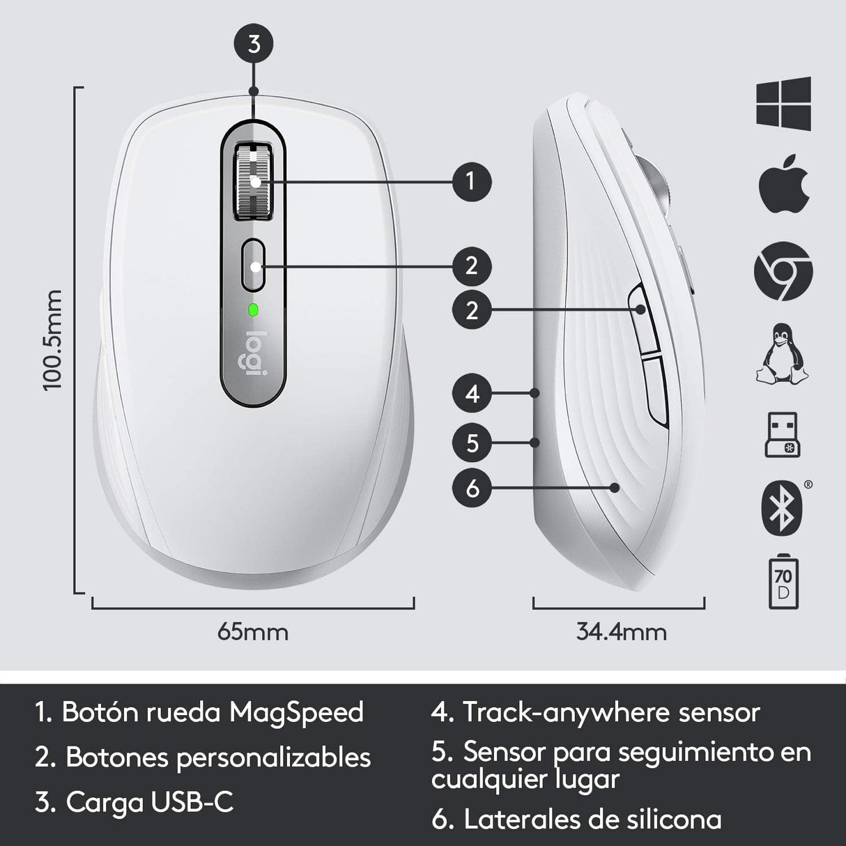 Mouse Óptico Logitech Mx Anywhere3 USB, 6 Botones, 1000 DPI Gris Pálido - 910-005994 FullOffice.com 