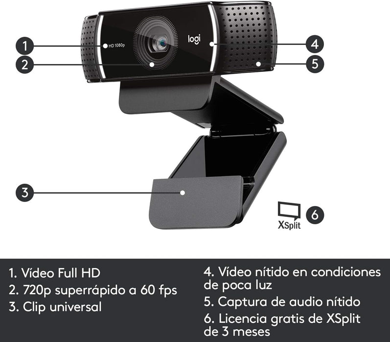 Camara Web Logitech C922 Pro Streaming, HD, 1080P, USB, Negro - 960-001087