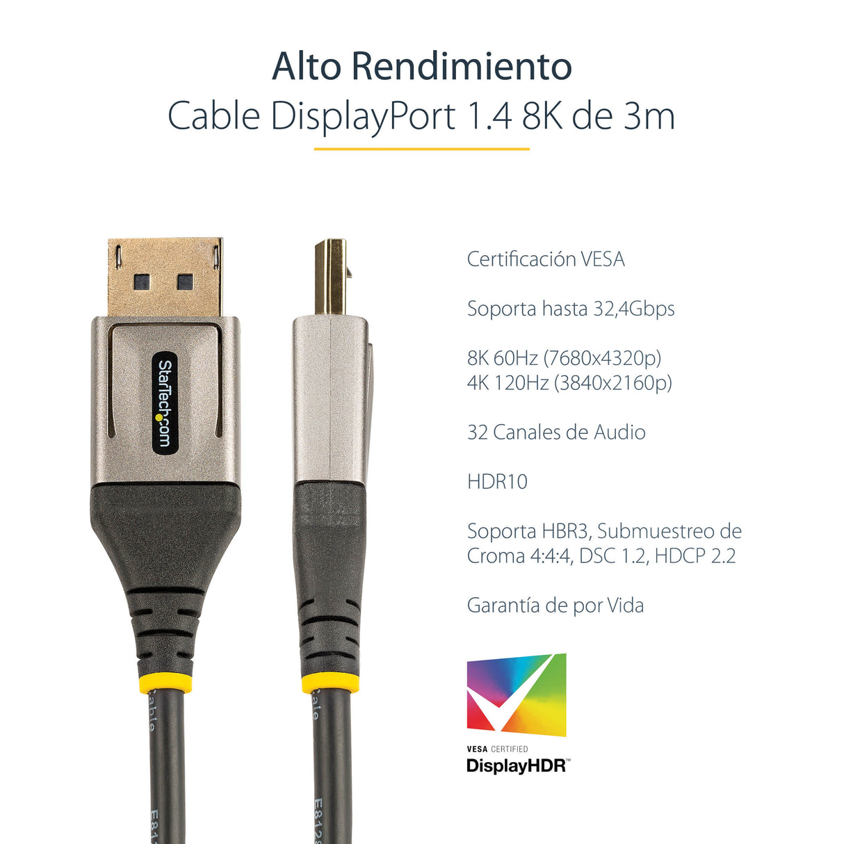 StarTech.com Cable de 3m DisplayPort 1.4 Certificado VESA - 8K de 60Hz HDR10 - Vídeo Ultra HD 4K de 120Hz - Cable DP 1.4