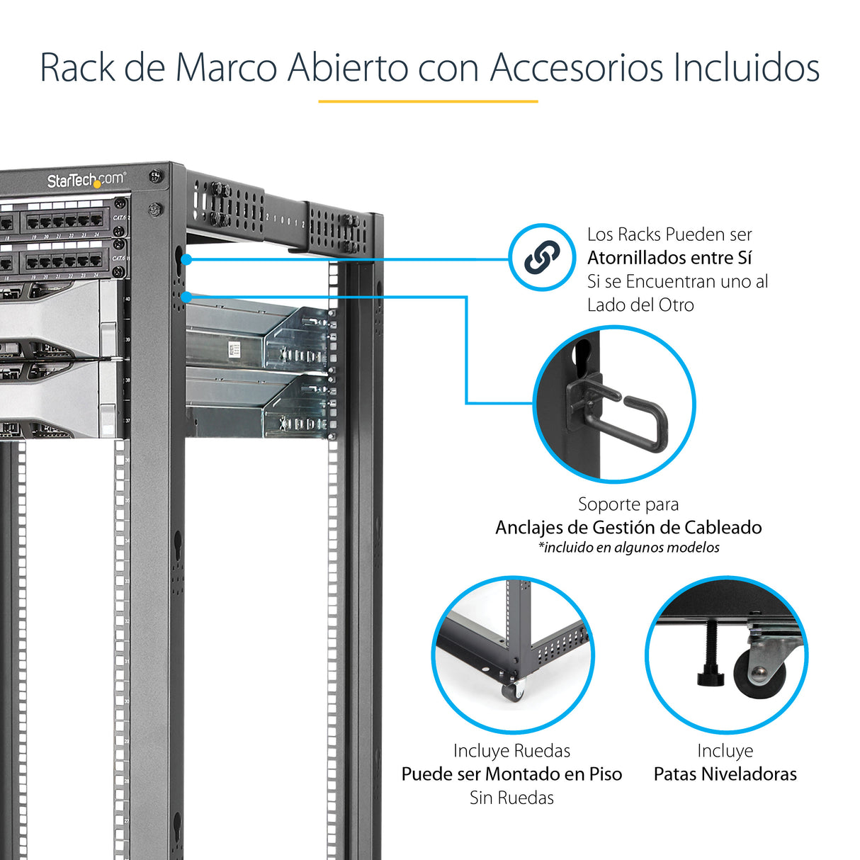 StarTech.com Rack 25U Móvil de Marco Abierto de 4 Columnas para Servidores - Rack de Cuatro Columnas 19 Pulgadas para Eq