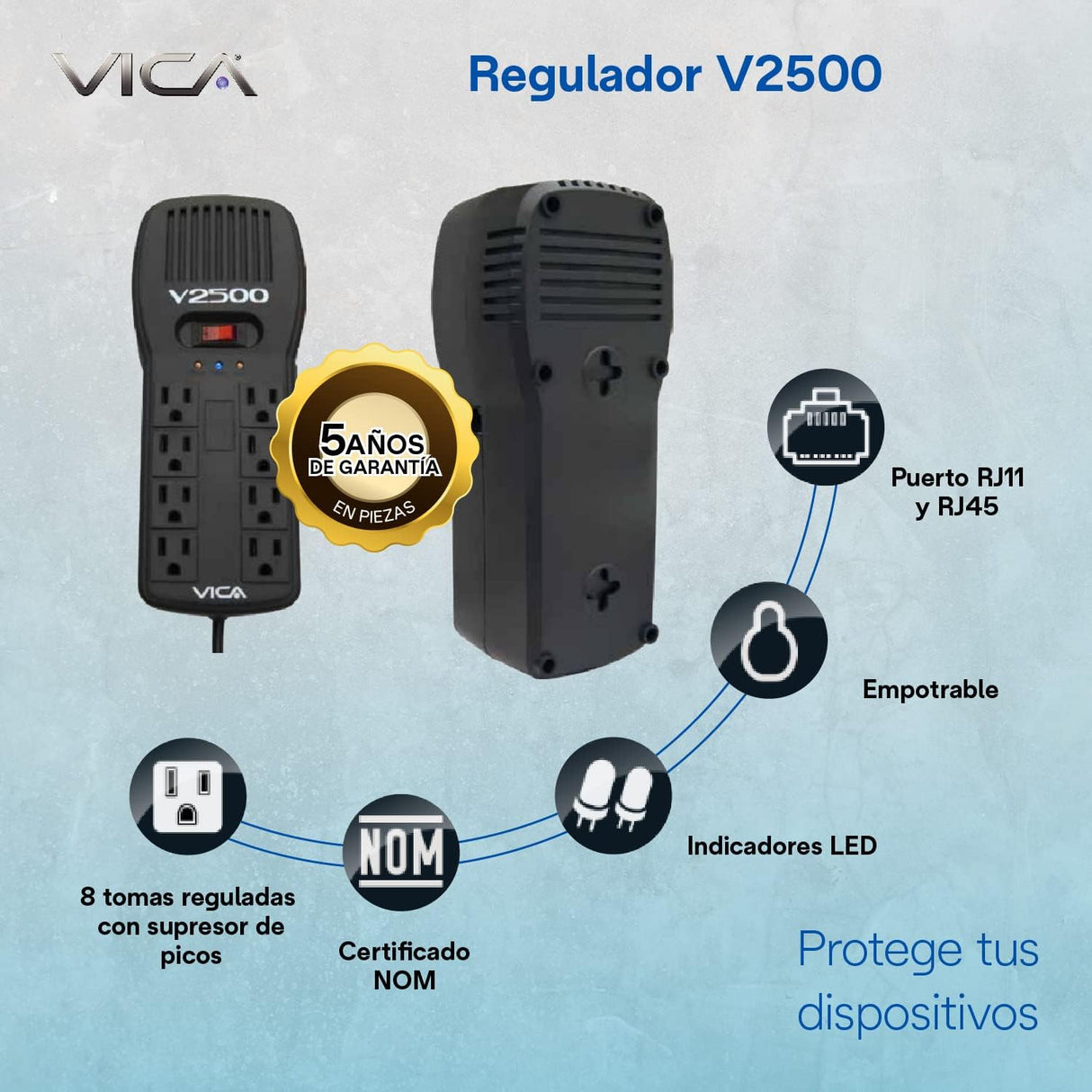 Regulador Electrónico de Voltaje VICA V2500, 2500VA, 300J, Entrada 100-127V, con Contactos Indicares LED, Puertos RJ11-45, Negro FullOffice.com 
