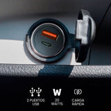 CARGADOR PARA AUTO VORAGO AU-305 TIPO C PD 20W Y USB A QUICK CHARGE 3.0 NEGRO