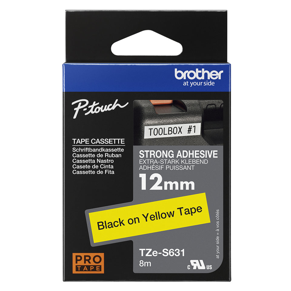 CINTA BROTHER TZES631 NEGRO SOBRE AMARILLO 12MM X 8M ADHESIVO IND EXTRA FUERTE
