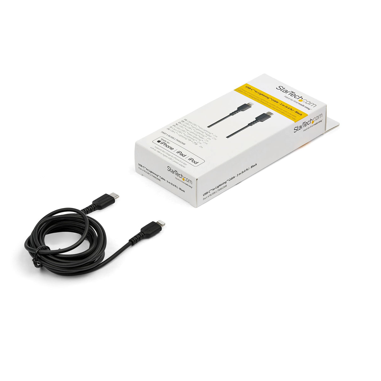 StarTech.com Cable Resistente USB-C a Lightning de 2 m Negro - Cable de Sincronización y Carga USB Tipo C a Lightning con Fibra de Aramida Resistente - Certificado MFi de Apple - para iPad/iPhone 12 Cable Negro 2 m USB A Lightning