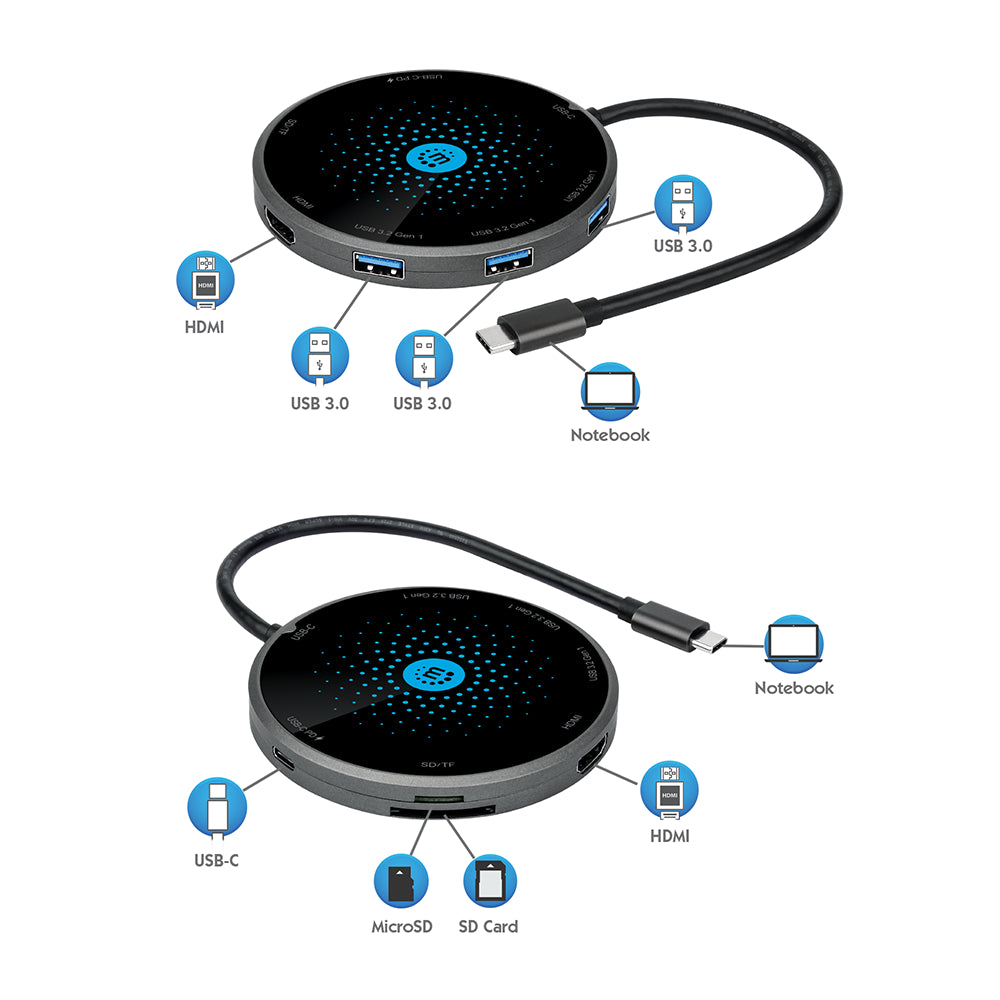 Base Docking Manhattan USB C PD a HDMI 3xUSB-A Tarj Wi Qi 166560