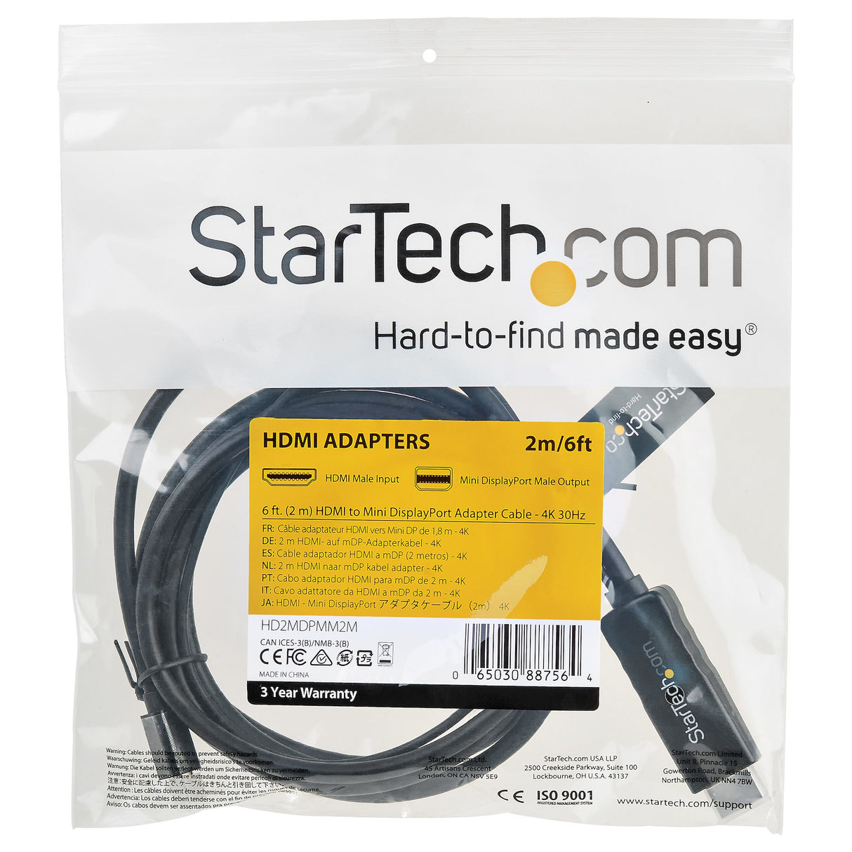 StarTech.com 2m - Cable HDMI a Mini DisplayPort - 4K 30Hz Cable Derecho Derecho 2 m HDMI tipo A (Estándar)