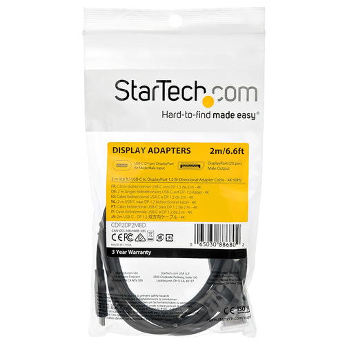 StarTech.com Cable de 2m USB C a DisplayPort 1.2 de 4K a 60Hz - Cable Adaptador de Vídeo Bidireccional DP a USB-C o USB-