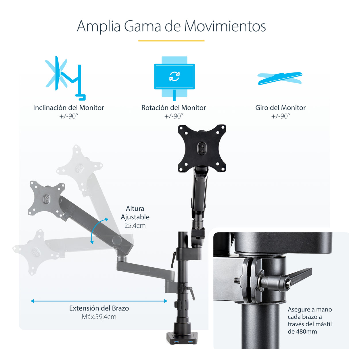 StarTech.com Brazo de Soporte para Monitor - Articulado - con 2 Puertos USB 3.0 - Premium Soportes para monitores 1 86,4