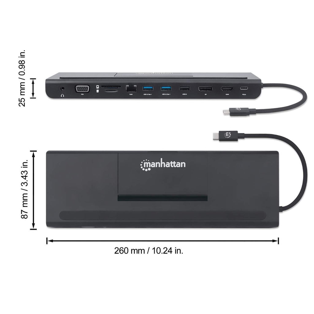Manhattan Docking station de USB-C a 11 puertos, para tres monitores, con MST Laptop Alámbrico USB 3.2 Gen 1 (3.1 Gen 1)