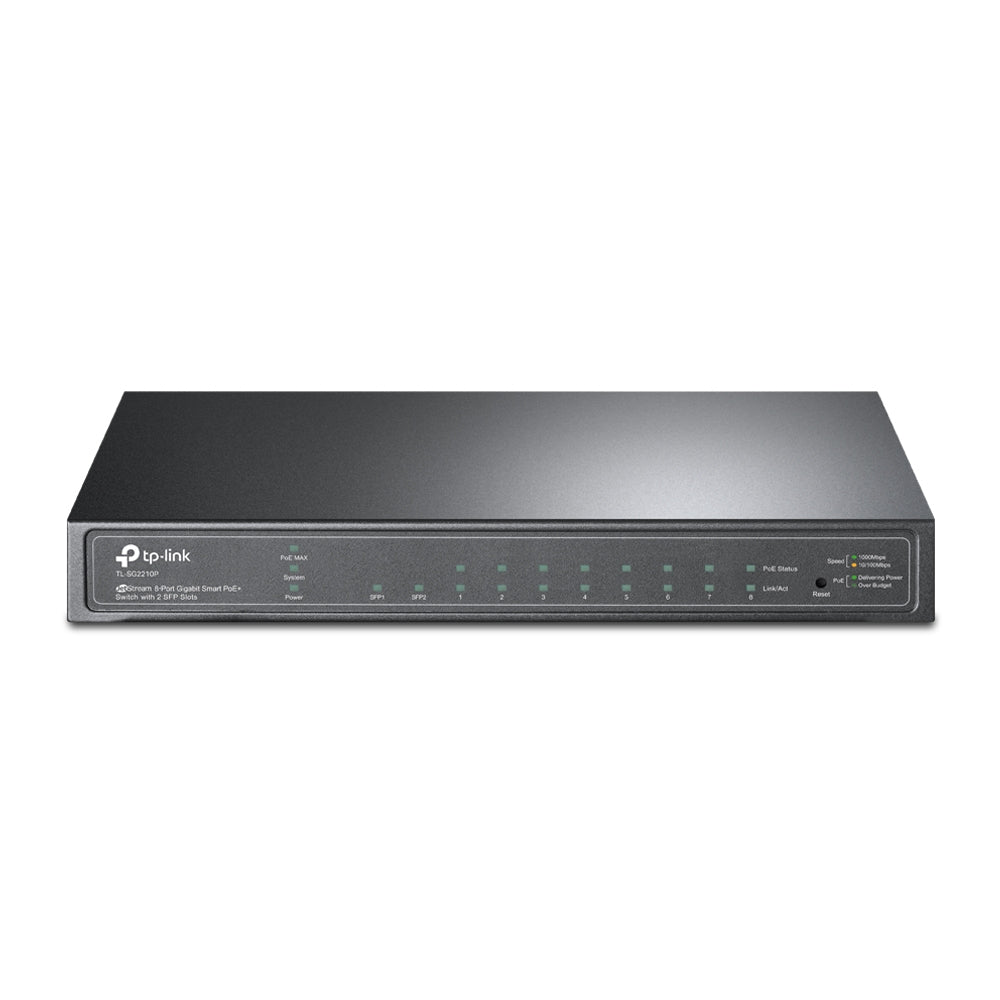Switch TP-Link Gigabit Ethernet TL-SG2210P, 8 Puertos PoE 10/100/1000 + 2 Puertos SFP, 20 Gbit/s, 8.000 Entradas - Administrable