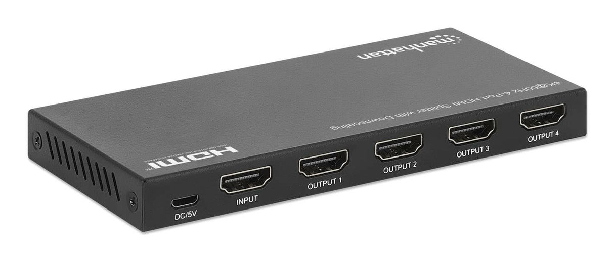 Manhattan Splitter HDMI de 4 puertos con downscaling, 4K@60 Hz, distribuye 1 entrada HDMI a 4 salidas (misma señal), bot