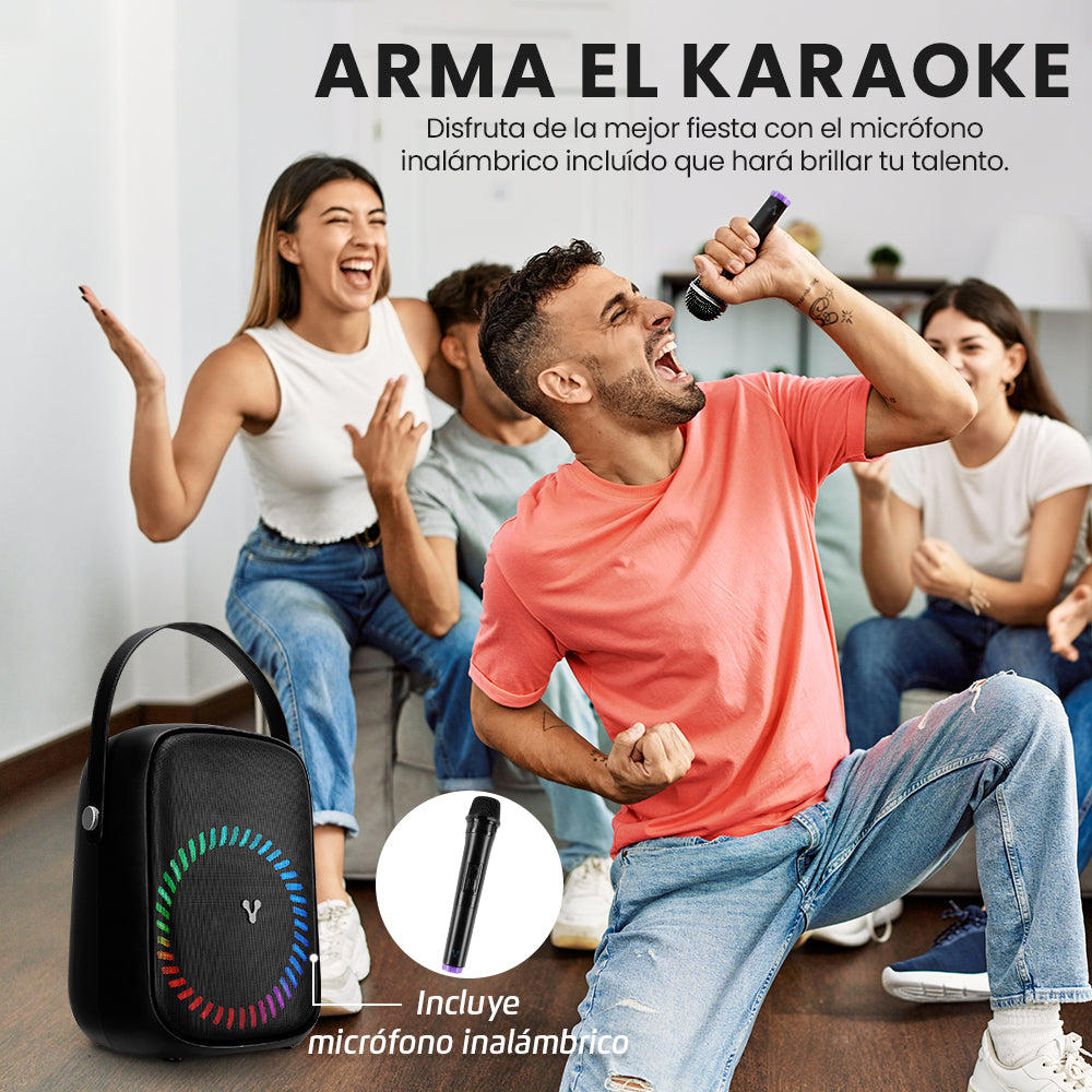 MINI BAFLE KARAOKE VORAGO KSP-455 40WATTS RECARGABLE 1 MICROFONO INALAMBRICO C/CORREAS TWS IPX5 BT 6HRS