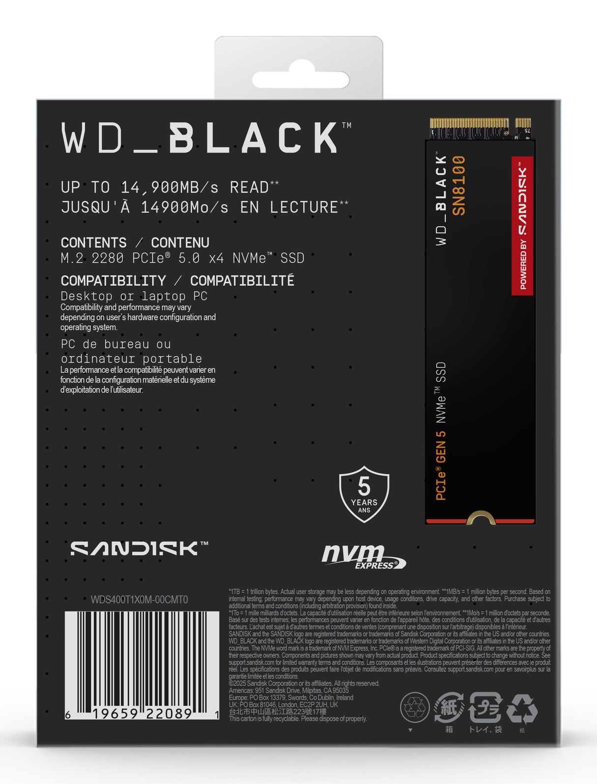 WD SSD Interno Black SN8100 4TB M.2 2280 NVMe, Lectura 14900MB/s, Escritura 14000MB/s
