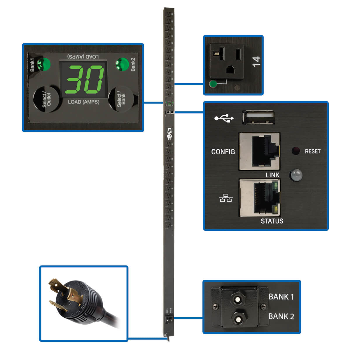 Tripp Lite PDUNVR30LX PDU Monofásico de 2.9kW Monitoreable por Tomacorrientes - Plataforma LX, 24 Tomacorrientes 5-15/20