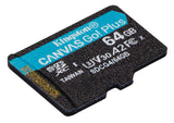 Kingston Technology Tarjeta microSDXC Canvas Go Plus Gen4 de 64 GB, 200 MB/s, A2 U3 V30 y adaptador Memoria Flash 64 GB 