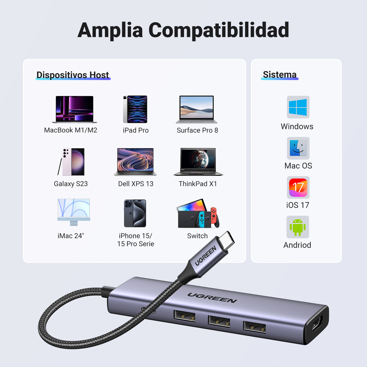 Ugreen 15596 base para portátil y replicador de puertos Alámbrico USB 3.2 Gen 1 (3.1 Gen 1) Type-A + Type-C Aluminio
