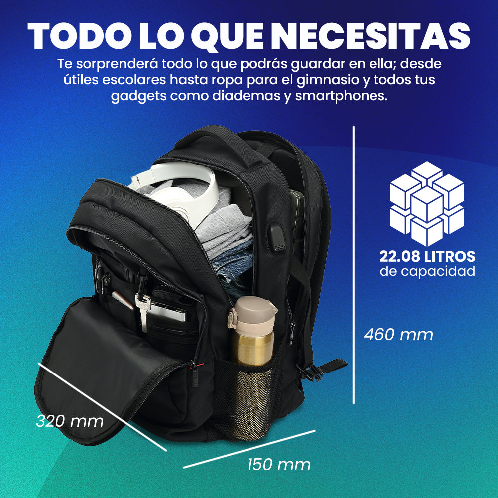 MOCHILA VORAGO BP-402 EXPANDIBLE PARA LAPTOP 15.6" NEGRA USB
