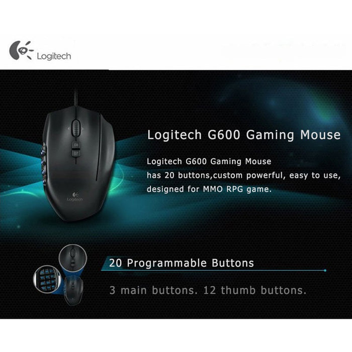 Mouse Gamer Ergonómico Logitech G600, Gaming MMO Alámbrico, 8200 DPI, Negro - 910-003879