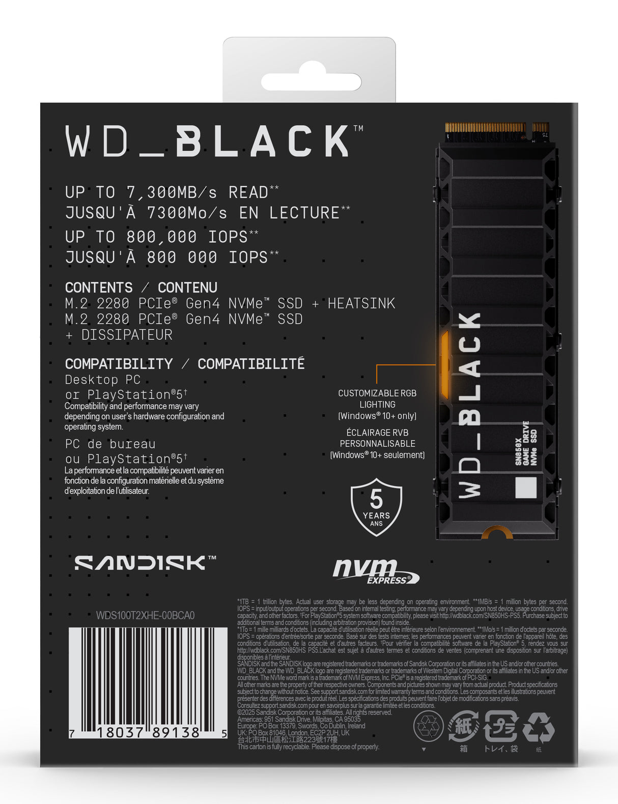 Western Digital WDS100T2XHE unidad interna de estado sólido 1 TB M.2 PCI Express 4.0 NVMe TLC 3D NAND, 7300 MB/s
