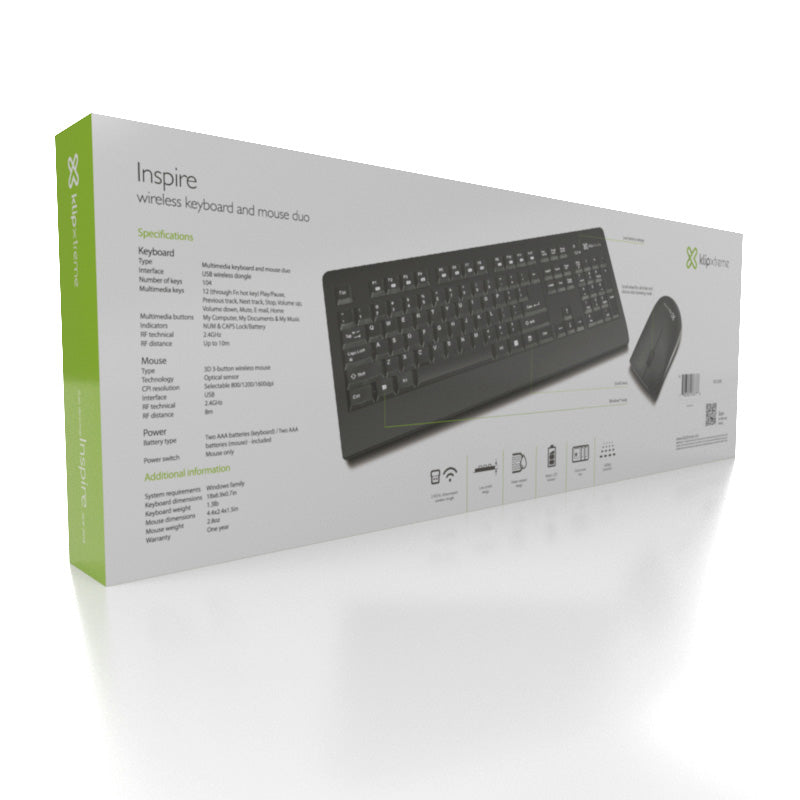 Klip Xtreme KCK-265E teclado Ratón incluido Universal RF inalámbrico QWERTY Negro, Interruptor de membrana