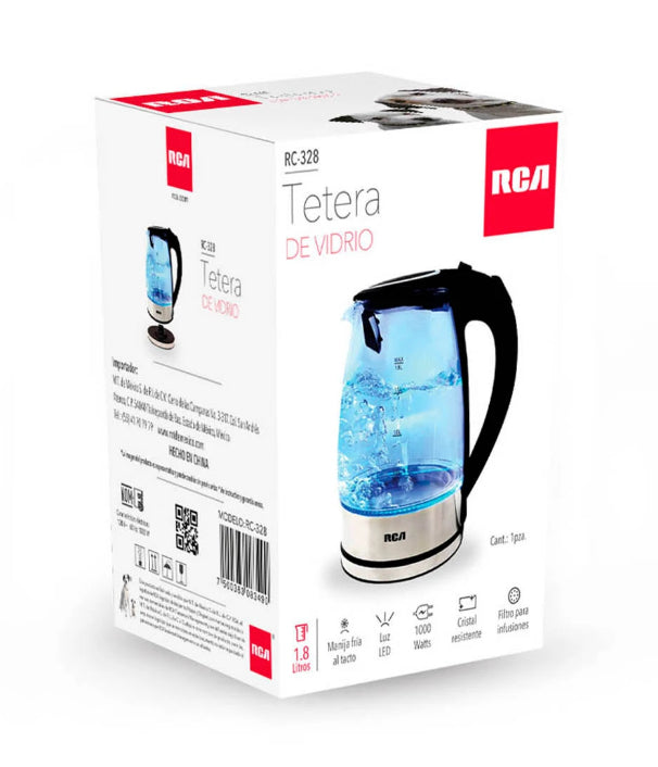 RCA RC-328 tetera eléctrica 1.8 L 1000 W Acero inoxidable, Transparente, Indicador de nivel de agua, Sin cables, Filtrad