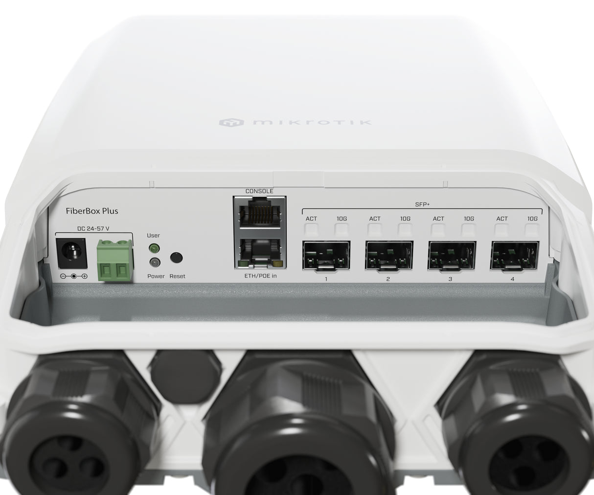 CRS305-1G-4S+OUT, FiberBox Plus, Switch exteriores CPU 800MHz, 512MB RAM, 1 EthGb, 4 SFP+, RouterOS/SwitchOS