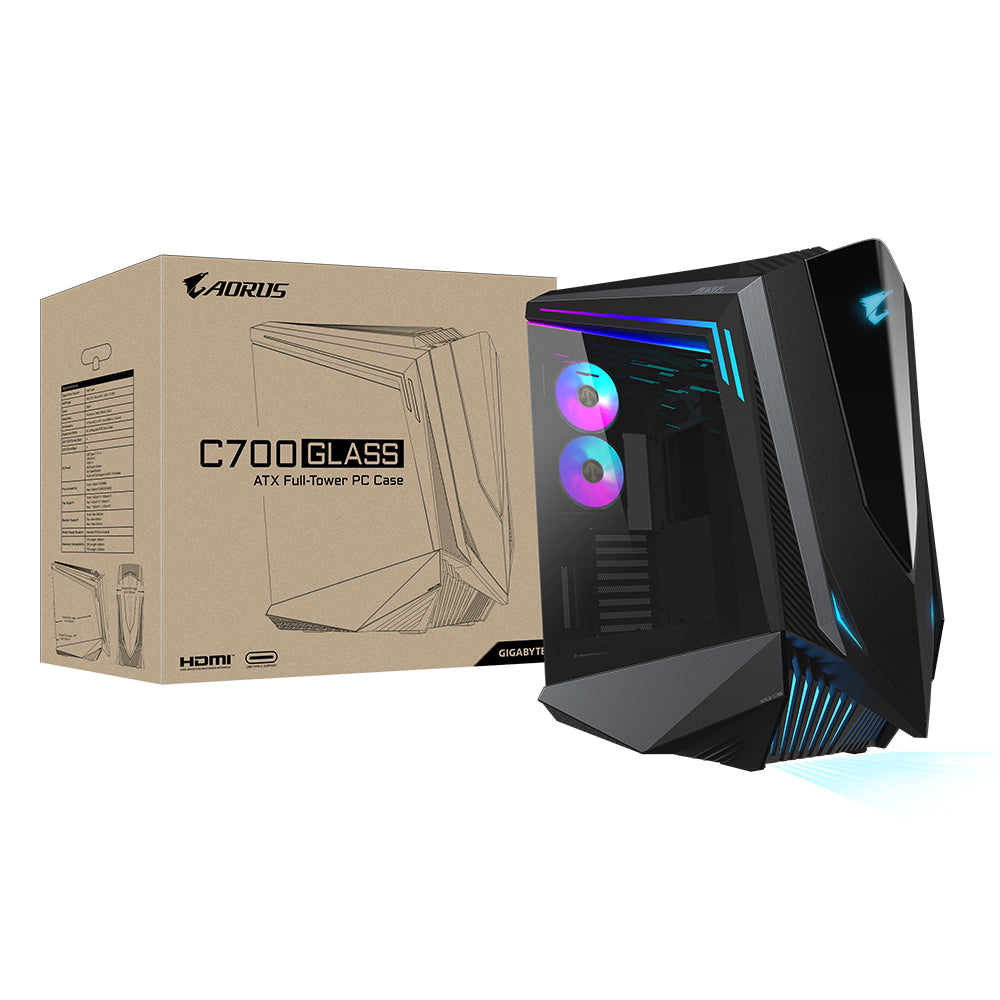 GIGABYTE AORUS C700 GLASS Caja de PC – Torre completa, compatible con hasta E-ATX y radiadores de 420 mm, 5 ventiladores de 120 mm preinstalados, USB 3.1 Tipo-C, RGB Fusion carcasas ordenador Aluminio, Vidrio, Plástico, Acero Full Tower PC Negro