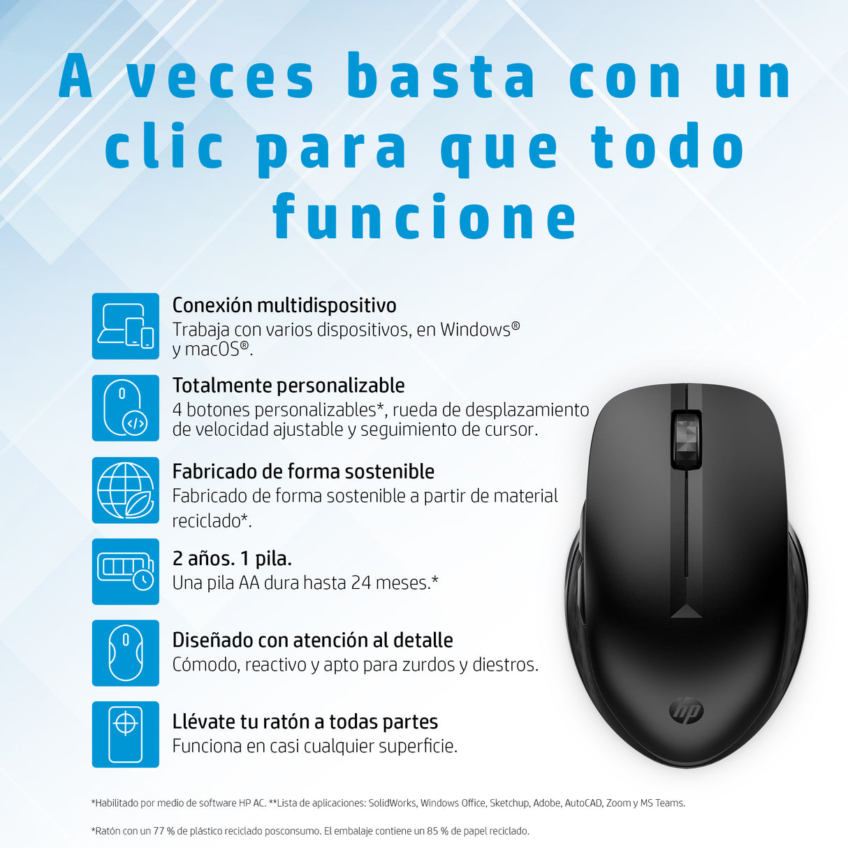 HP Ratón inalámbrico multidispositivo HP 435 Ratón 1 Oficina RF Wireless + Bluetooth 4000 DPI