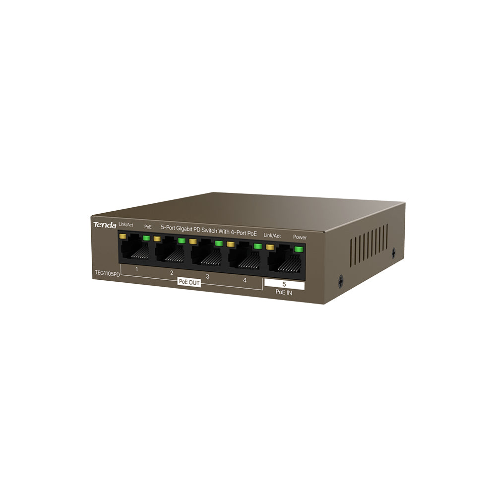 Tenda TEG1105PD dispositivo de redes Gigabit Ethernet (10/100/1000) Energía sobre Ethernet (PoE) Café