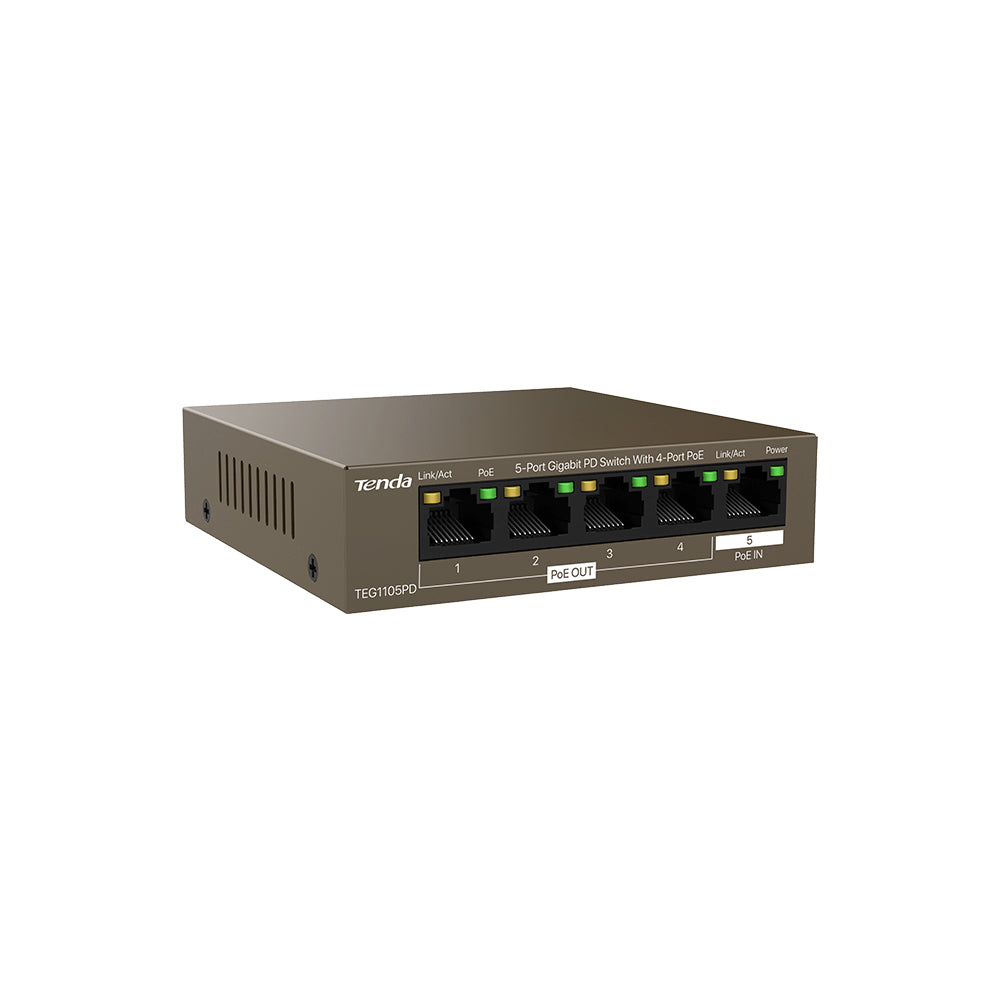 Tenda TEG1105PD dispositivo de redes Gigabit Ethernet (10/100/1000) Energía sobre Ethernet (PoE) Café