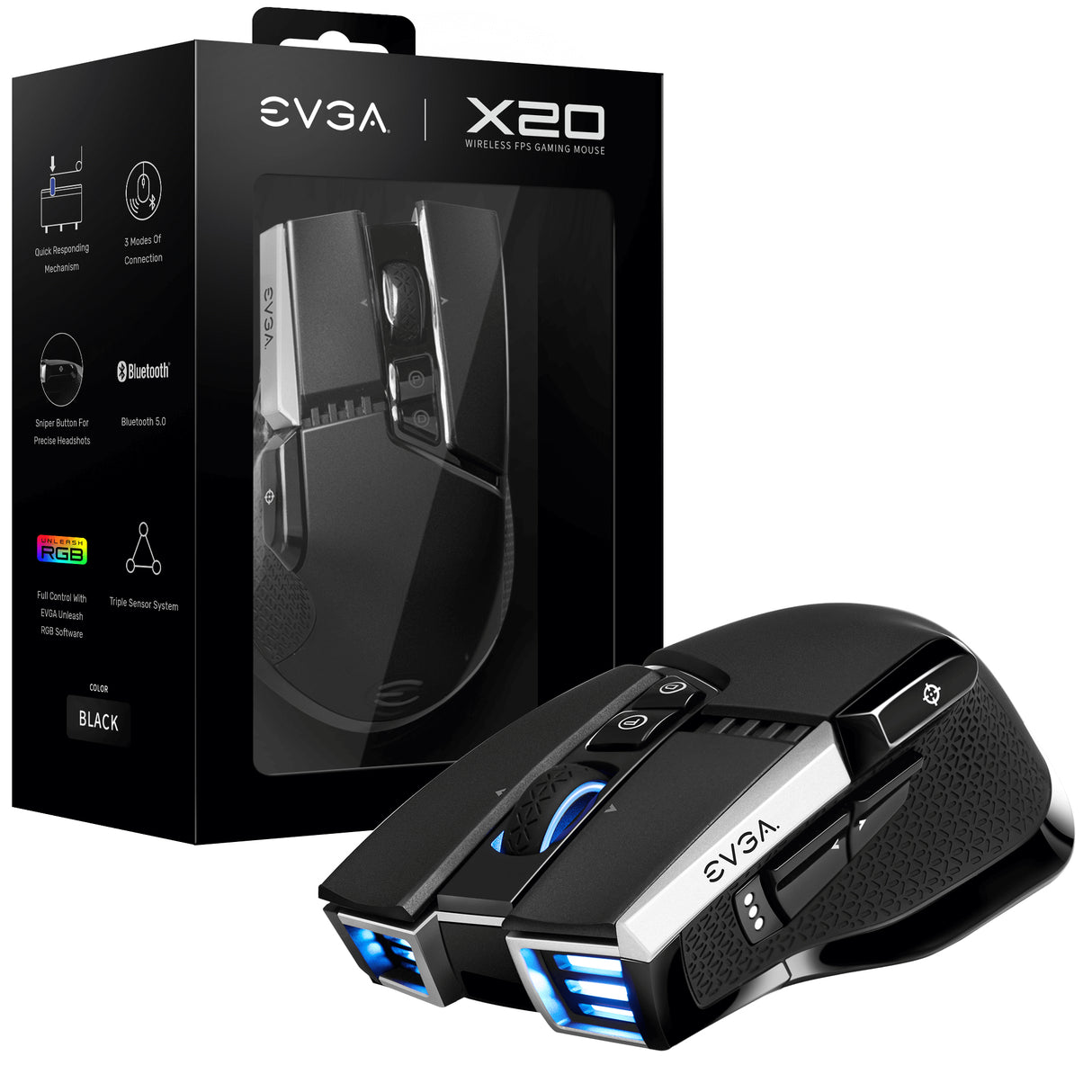 EVGA X20 ratón Juego Ambidiestro RF Wireless + Bluetooth + USB Type-A Óptico 16000 DPI, Negro