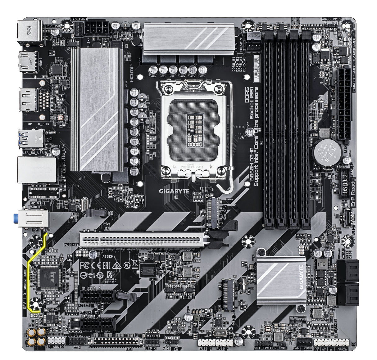 GIGABYTE B860M D3HP Placa base - CPUs Intel Core Ultra, VRM de 4+1+2+1 fases, hasta 9066MHz DDR5, 2xPCIe 4.0 M.2, LAN GbE, USB 3.2 Gen 1 placas base Intel LGA 1851 (Socket V1) LGA 1851 DDR5-SDRAM