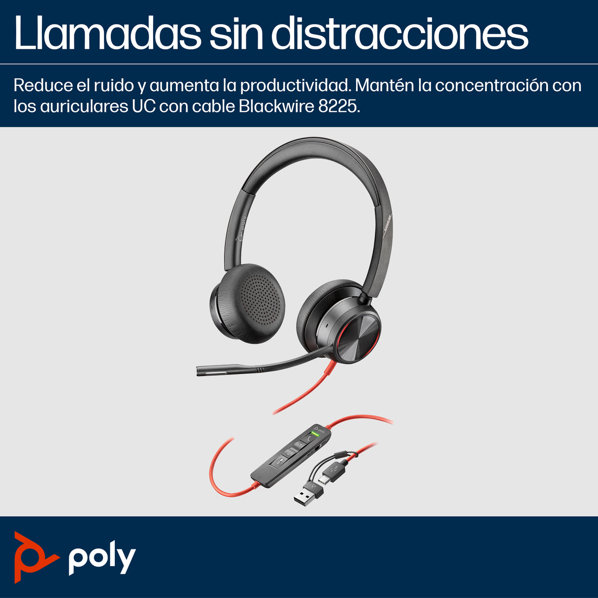 HP Poly Auriculares estéreo Poly Blackwire 8225 USB-C + Adaptador USB-C/A Auriculares Auriculares Diadema Oficina/Centro de llamadas Binaural