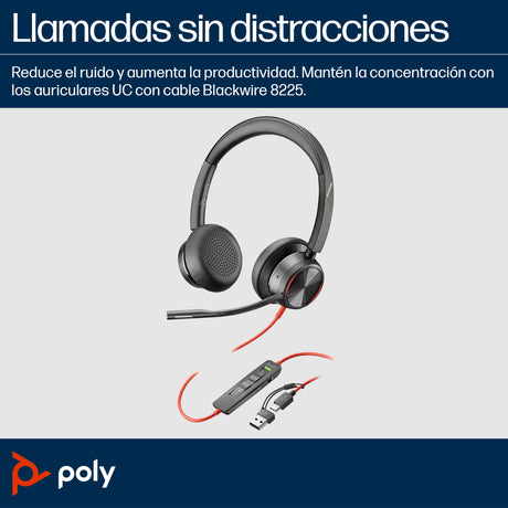 HP Poly Auriculares estéreo Poly Blackwire 8225 USB-C + Adaptador USB-C/A Auriculares Auriculares Diadema Oficina/Centro de llamadas Binaural