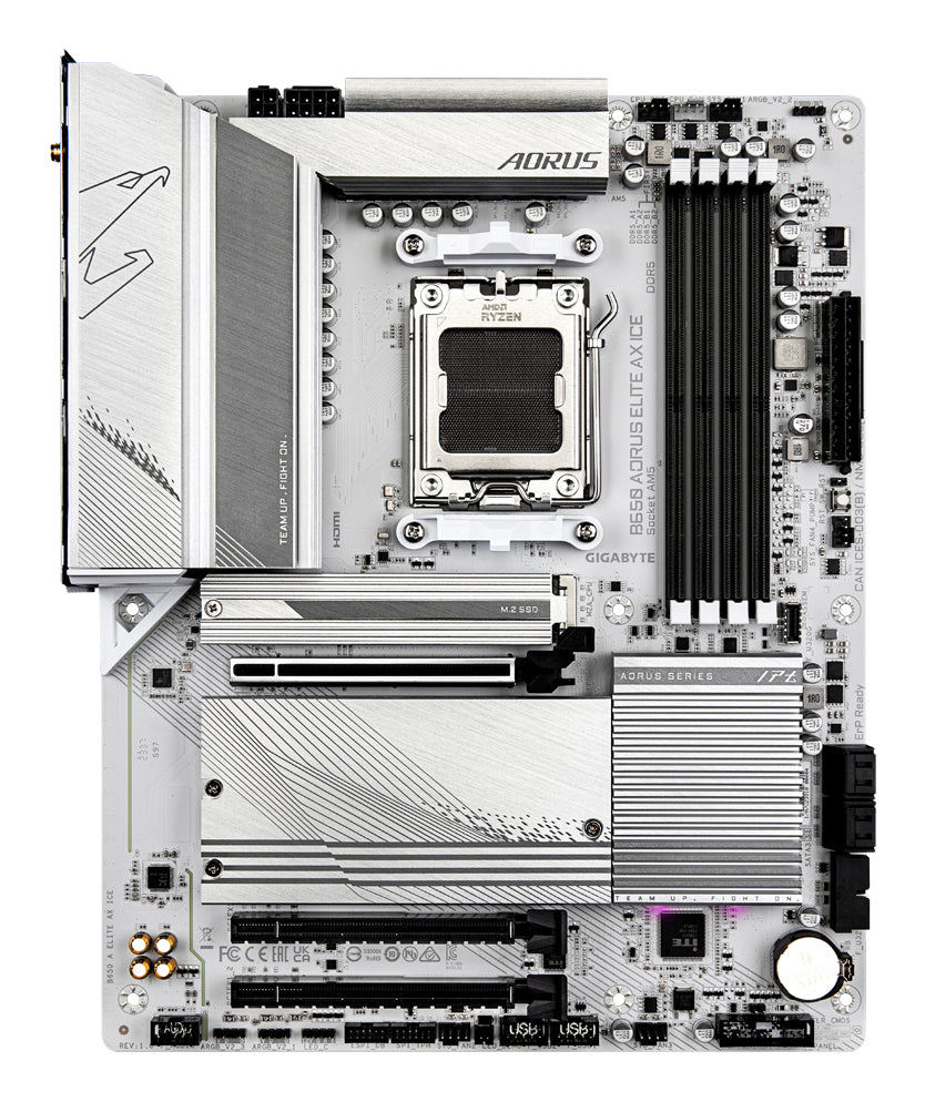 GIGABYTE B650 AORUS ELITE AX ICE Placa base - Compatible con procesadores AMD Ryzen 9000, VRM digital de 12+2+2 fases, hasta 8000 MHz DDR5 (OC), 1xPCIe 5.0 + 2xPCIe 4.0 M.2, Wi-Fi 6E, LAN 2.5GbE, USB 3.2 Gen 2x2 placas base AMD Zócalo AM5 1 Zócalo AM5
