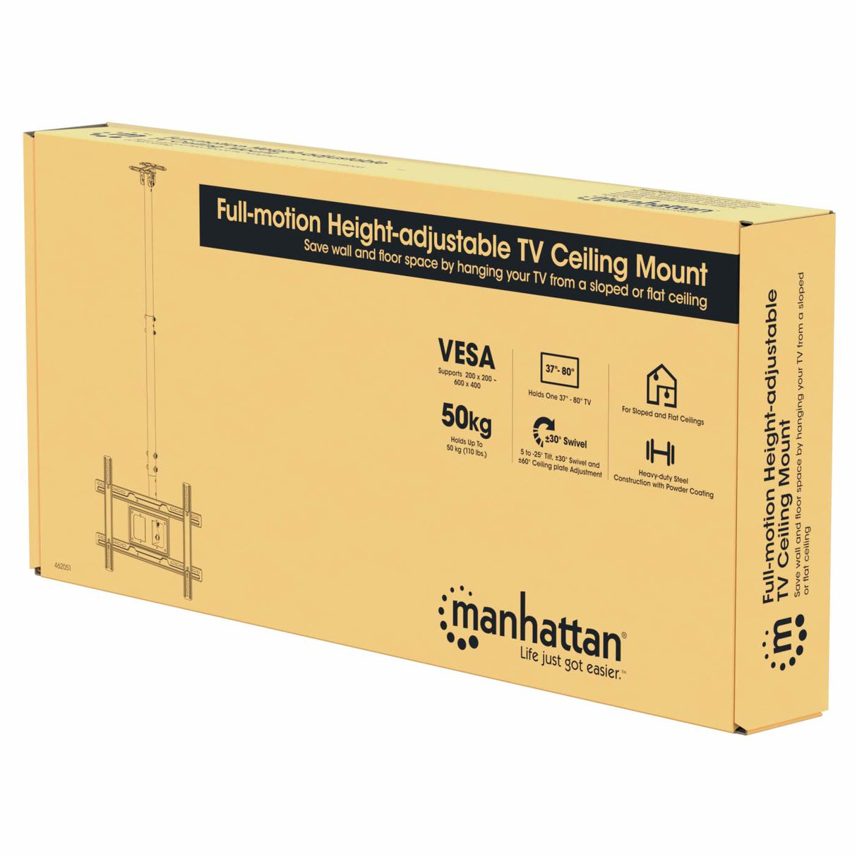Manhattan Soporte de techo para TV/monitores, para pantallas de 37" a 65", altura ajustable de 70 a